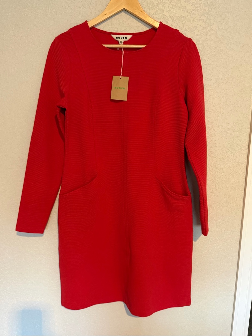 NWT Boden Women's Red Ellen Ottoman Dress Size 8R Long Sleeve Fitted Pockets